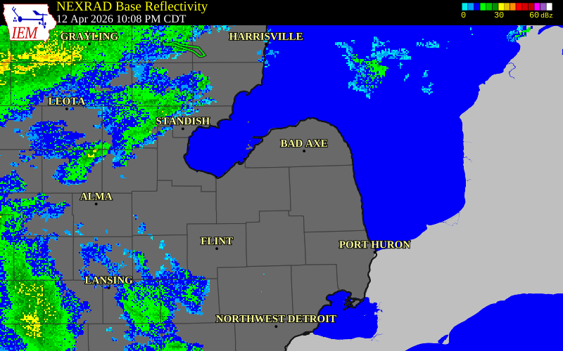 NEXRAD radar during the Sunday, April 12, 2026 storm activity in Tuscola County, Michigan