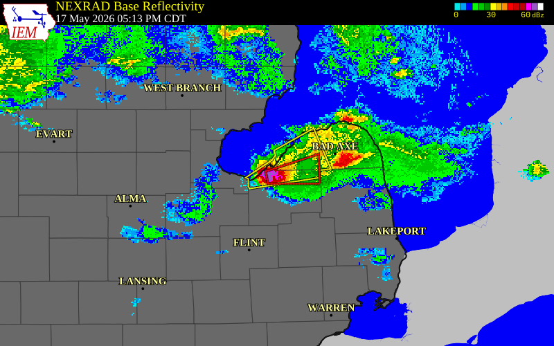 NEXRAD radar during the Sunday, May 17, 2026 storm activity in Tuscola County, Michigan