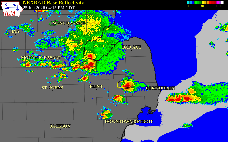 NEXRAD radar during the Thursday, June 25, 2026 storm activity in Tuscola County, Michigan