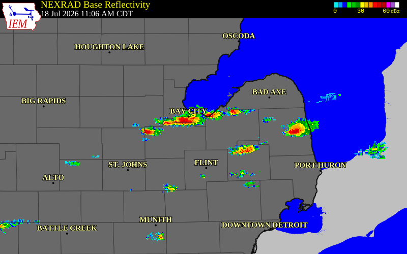 NEXRAD radar during the Saturday, July 18, 2026 storm activity in Tuscola County, Michigan