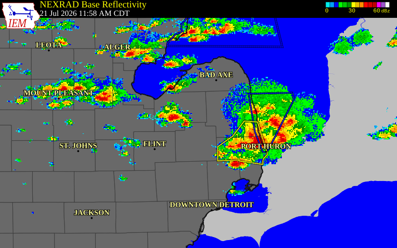 NEXRAD radar during the Tuesday, July 21, 2026 storm activity in Tuscola County, Michigan