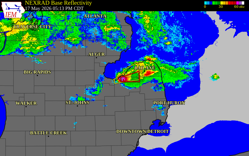 Radar snapshot during the May 17, 2026 hail event near Unionville, Tuscola County, Michigan, with NWS warning polygons