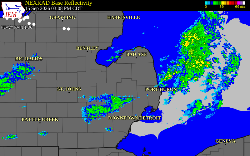 Current NEXRAD radar over Tuscola County, Michigan with recent storm report locations