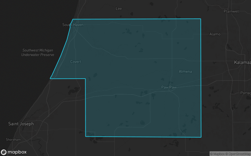 Map of Van Buren County, Michigan showing the county boundary and surrounding cities