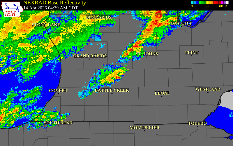 NEXRAD radar during the Tuesday, April 14, 2026 storm activity in Van Buren County, Michigan