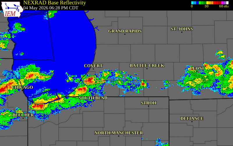 NEXRAD radar during the Monday, May 4, 2026 storm activity in Van Buren County, Michigan