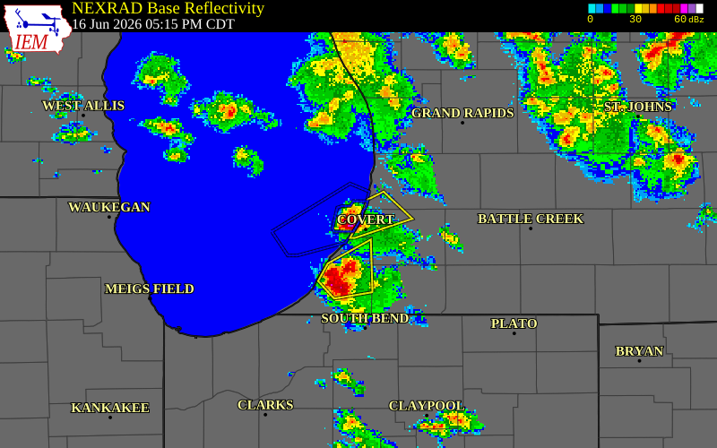 NEXRAD radar during the Tuesday, June 16, 2026 storm activity in Van Buren County, Michigan