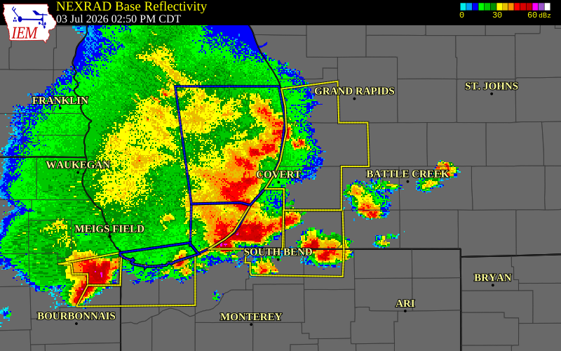 NEXRAD radar during the Friday, July 3, 2026 storm activity in Van Buren County, Michigan