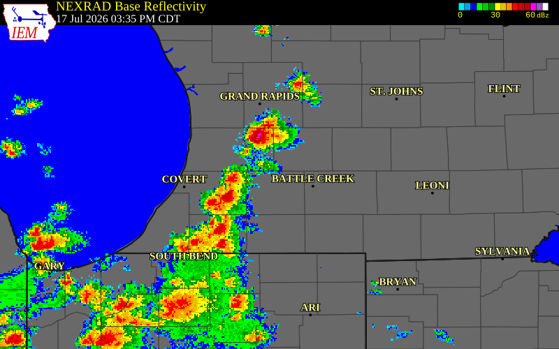 NEXRAD radar during the Friday, July 17, 2026 storm activity in Van Buren County, Michigan