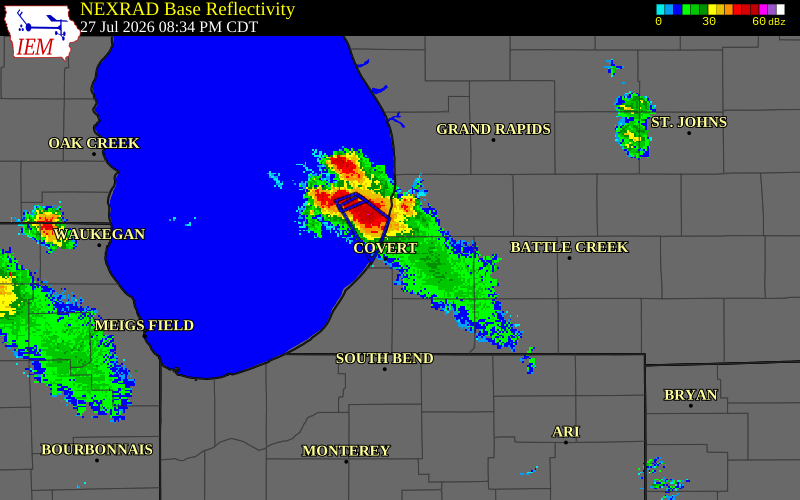 NEXRAD radar during the Monday, July 27, 2026 storm activity in Van Buren County, Michigan