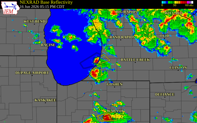 Radar snapshot during the Jun 16, 2026 hail event near 4 NW Covert, Van Buren County, Michigan, with NWS warning polygons