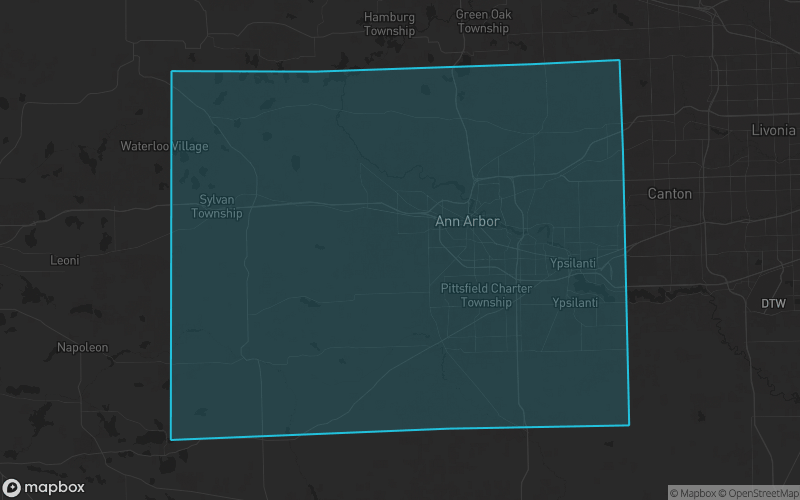 Map of Washtenaw County, Michigan showing the county boundary and surrounding cities