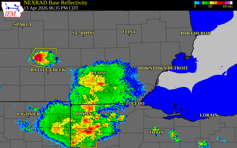 NEXRAD radar during the Monday, April 13, 2026 storm activity in Washtenaw County, Michigan