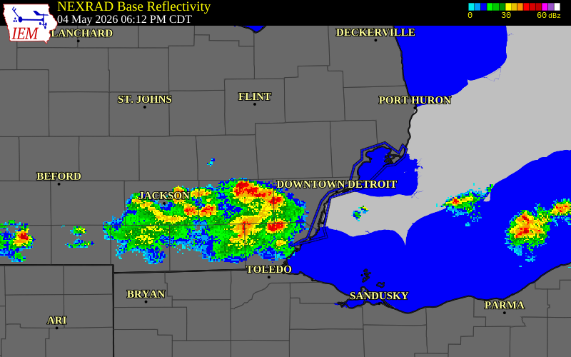NEXRAD radar during the Monday, May 4, 2026 storm activity in Washtenaw County, Michigan