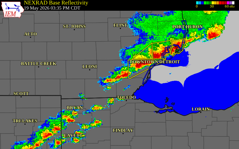 NEXRAD radar during the Tuesday, May 19, 2026 storm activity in Washtenaw County, Michigan