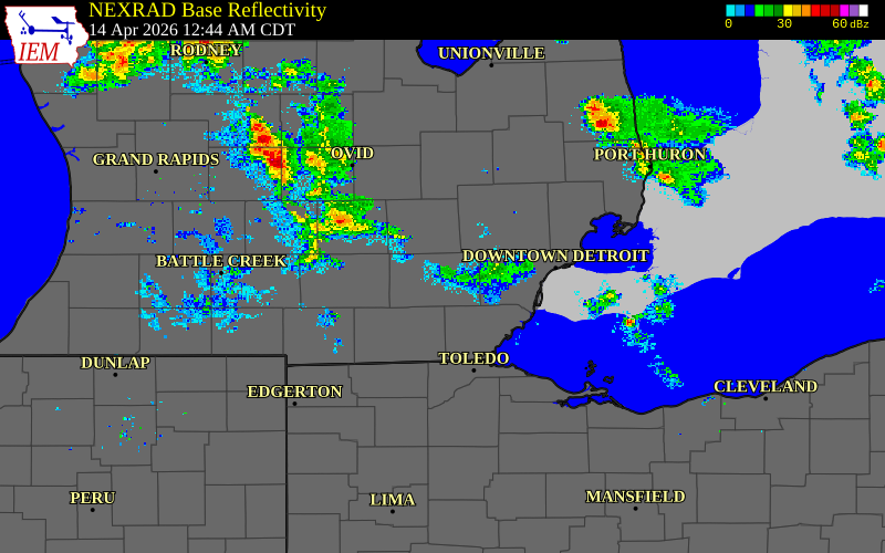 Radar snapshot during the Apr 14, 2026 tornado event near 3 S Barton Hills, Washtenaw County, Michigan, with NWS warning polygons