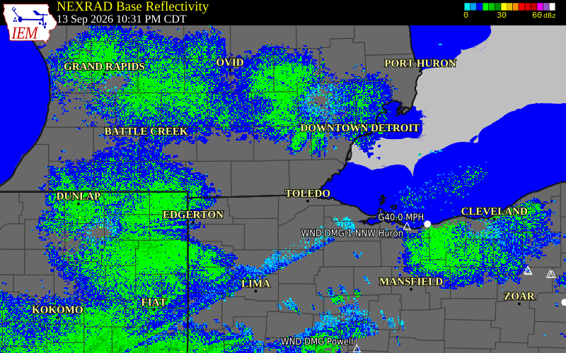 Current NEXRAD radar over Washtenaw County, Michigan with recent storm report locations