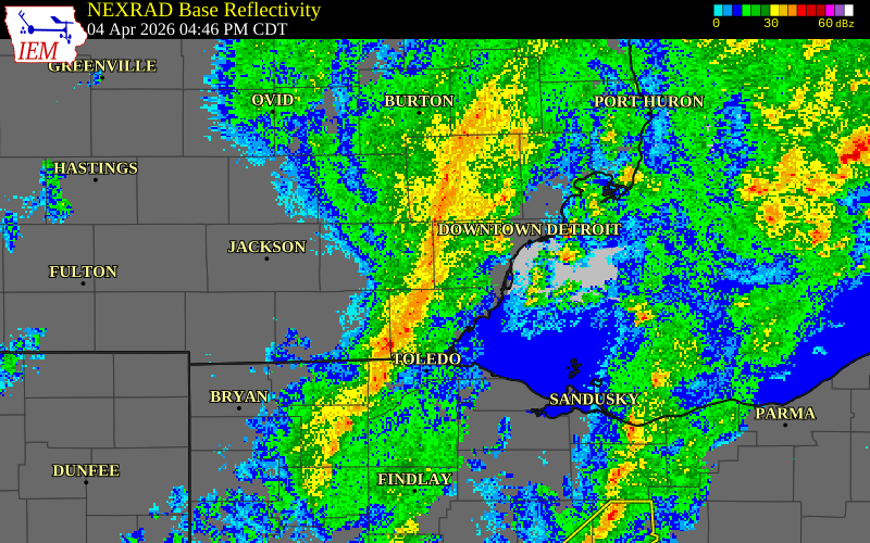 NEXRAD radar during the Saturday, April 4, 2026 storm activity in Wayne County, Michigan