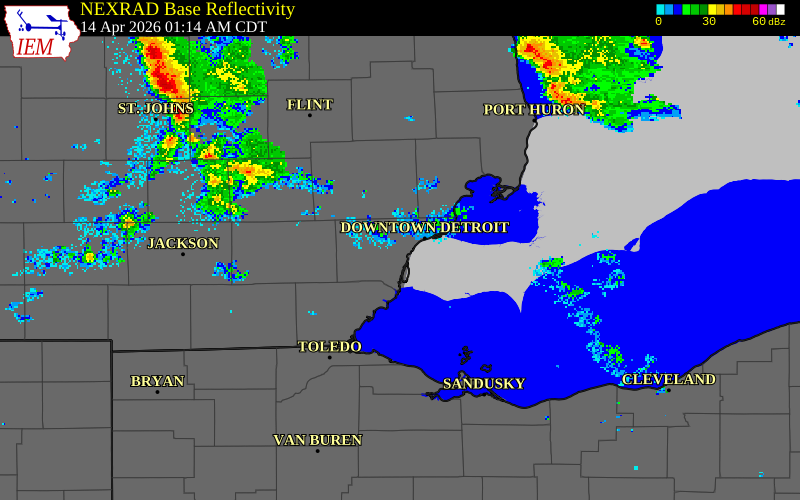 NEXRAD radar during the Tuesday, April 14, 2026 storm activity in Wayne County, Michigan