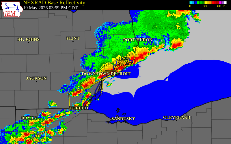 NEXRAD radar during the Tuesday, May 19, 2026 storm activity in Wayne County, Michigan