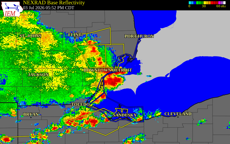 NEXRAD radar during the Friday, July 3, 2026 storm activity in Wayne County, Michigan