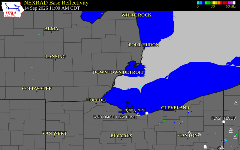 Current NEXRAD radar over Wayne County, Michigan with recent storm report locations