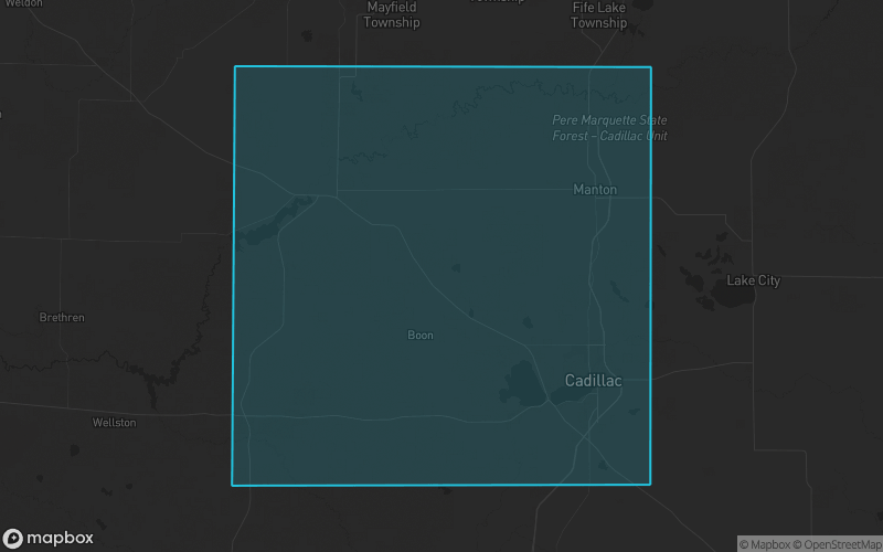 Map of Wexford County, Michigan showing the county boundary and surrounding cities