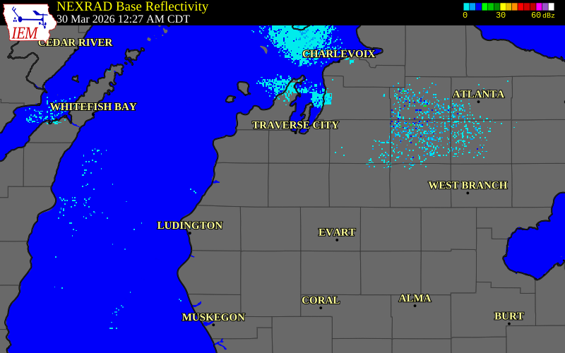 NEXRAD radar during the Monday, March 30, 2026 storm activity in Wexford County, Michigan