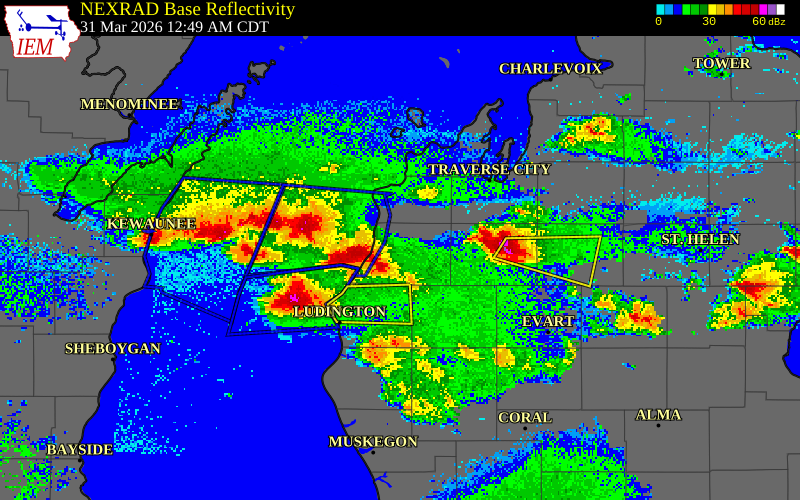 NEXRAD radar during the Tuesday, March 31, 2026 storm activity in Wexford County, Michigan