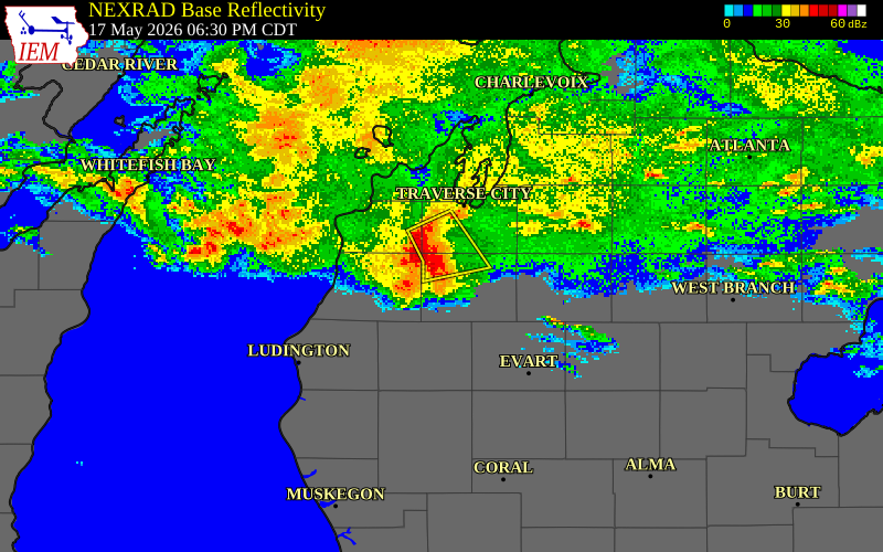 NEXRAD radar during the Sunday, May 17, 2026 storm activity in Wexford County, Michigan