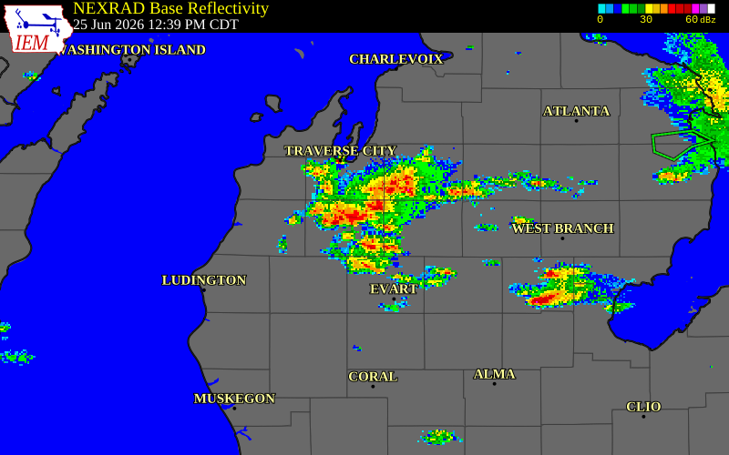 NEXRAD radar during the Thursday, June 25, 2026 storm activity in Wexford County, Michigan