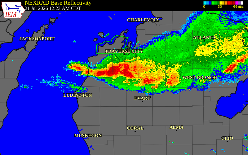 NEXRAD radar during the Tuesday, July 21, 2026 storm activity in Wexford County, Michigan