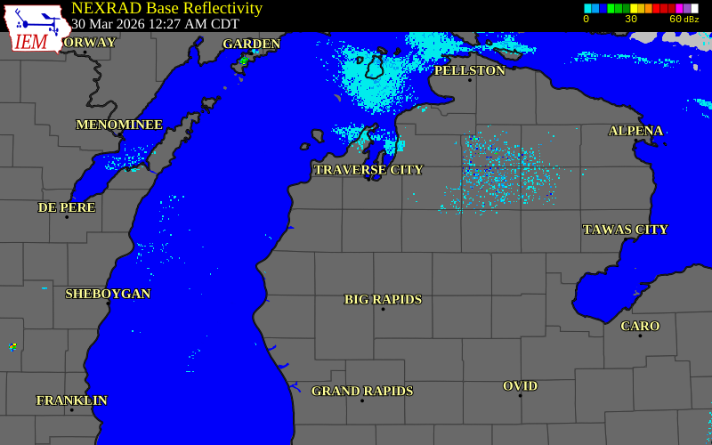 Radar snapshot during the Mar 30, 2026 hail event near Mesick, Wexford County, Michigan, with NWS warning polygons