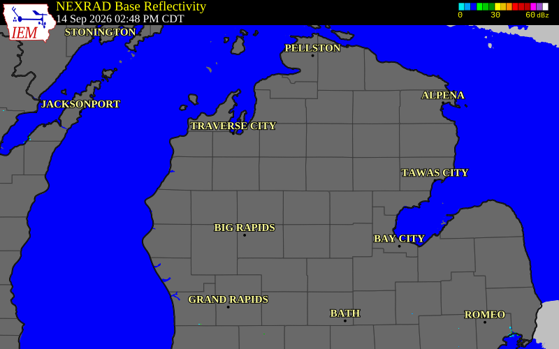 Current NEXRAD radar over Wexford County, Michigan with recent storm report locations