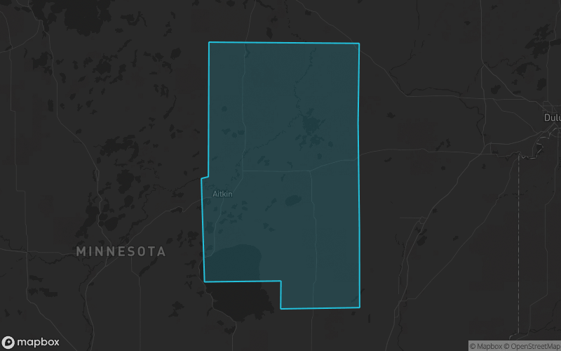 Map of Aitkin County, Minnesota showing the county boundary and surrounding cities
