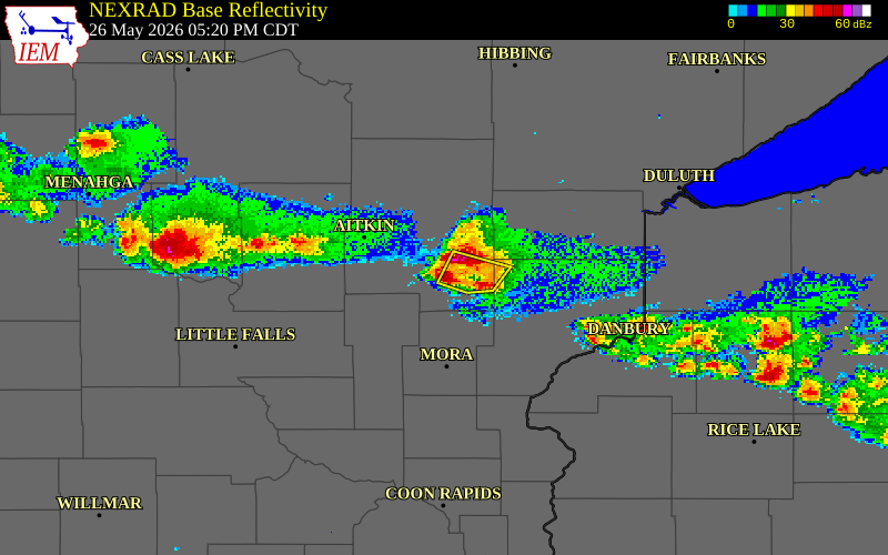 NEXRAD radar during the Tuesday, May 26, 2026 storm activity in Aitkin County, Minnesota