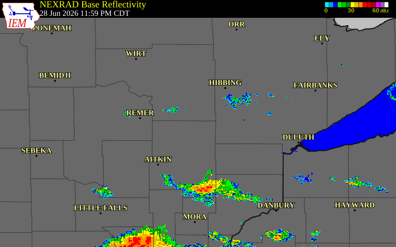 NEXRAD radar during the Sunday, June 28, 2026 storm activity in Aitkin County, Minnesota