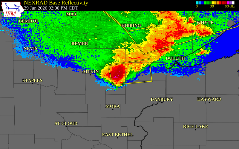 NEXRAD radar during the Monday, June 29, 2026 storm activity in Aitkin County, Minnesota