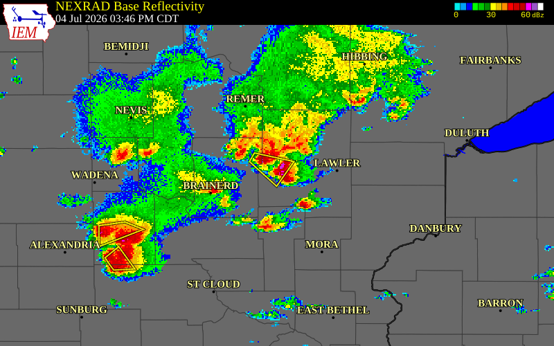 NEXRAD radar during the Saturday, July 4, 2026 storm activity in Aitkin County, Minnesota
