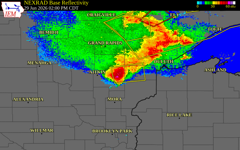 Radar snapshot during the Jun 29, 2026 hail event near Lawler, Aitkin County, Minnesota, with NWS warning polygons