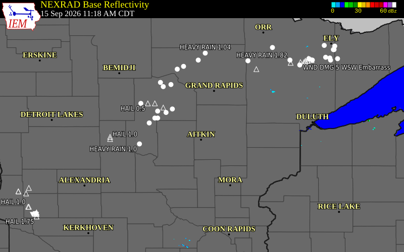 Current NEXRAD radar over Aitkin County, Minnesota with recent storm report locations