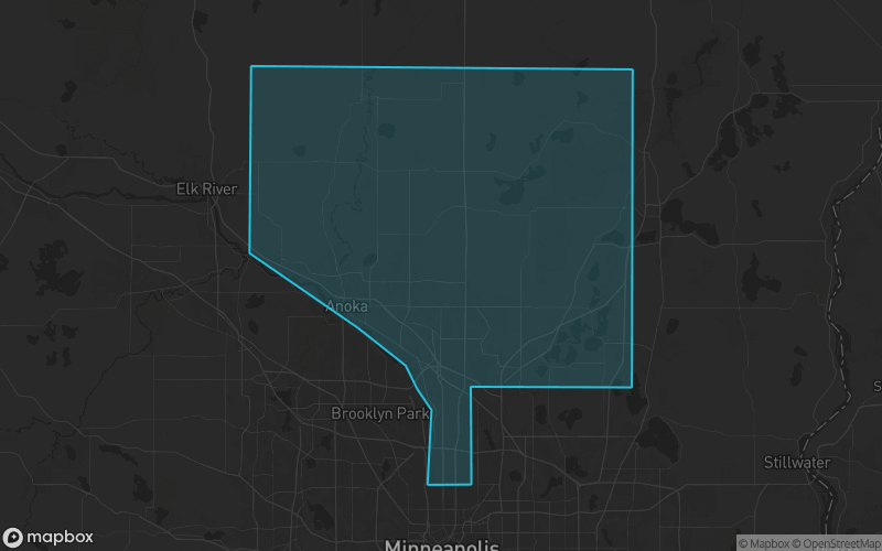 Map of Anoka County, Minnesota showing the county boundary and surrounding cities