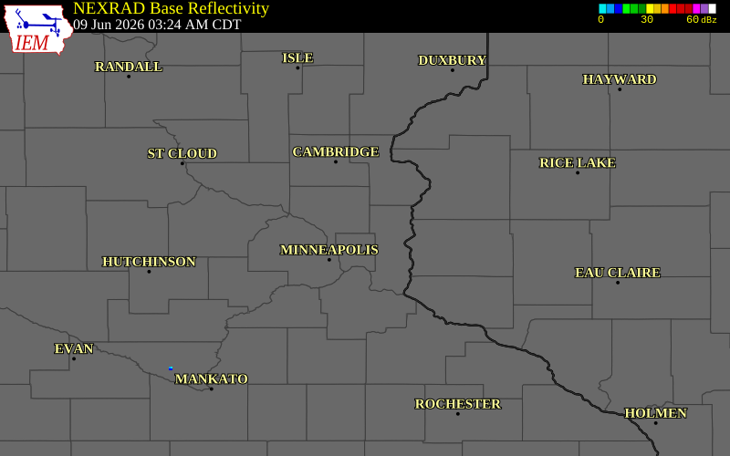 NEXRAD radar during the Tuesday, June 9, 2026 storm activity in Anoka County, Minnesota