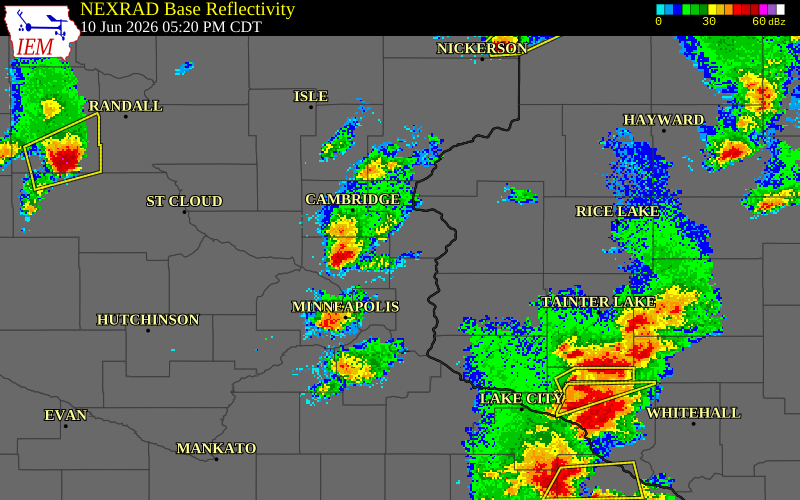 NEXRAD radar during the Wednesday, June 10, 2026 storm activity in Anoka County, Minnesota