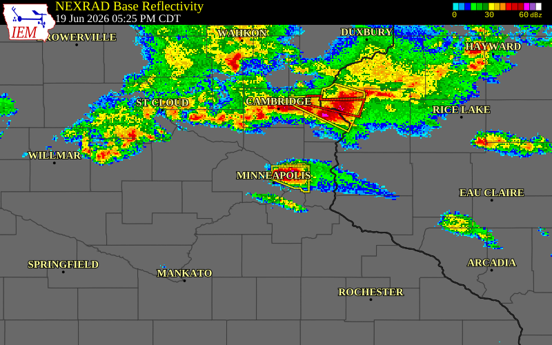NEXRAD radar during the Friday, June 19, 2026 storm activity in Anoka County, Minnesota