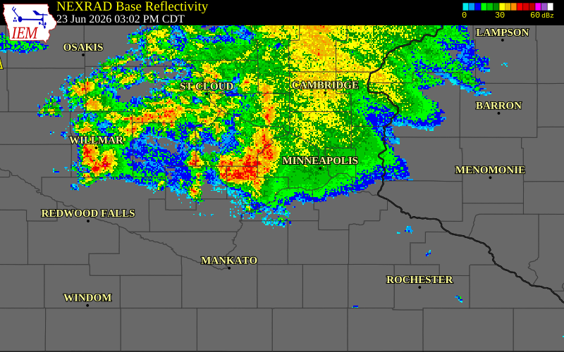 NEXRAD radar during the Tuesday, June 23, 2026 storm activity in Anoka County, Minnesota