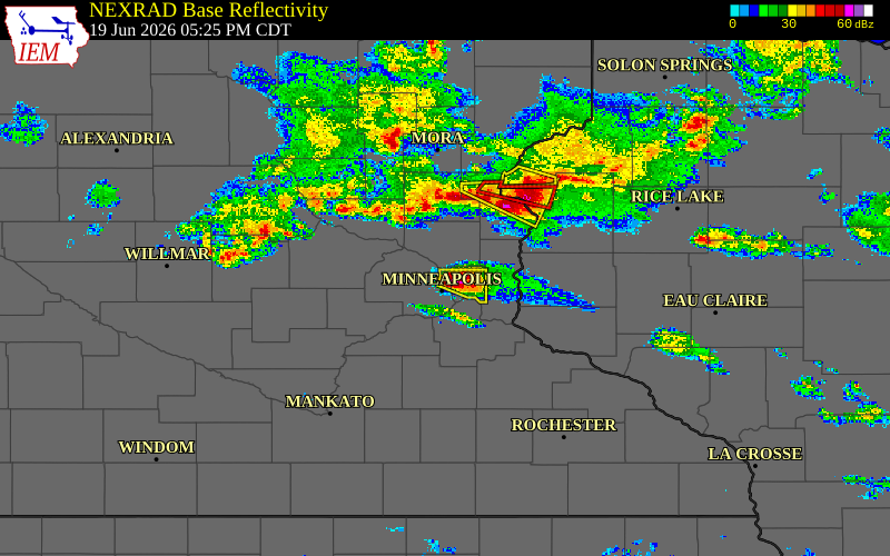 Radar snapshot during the Jun 19, 2026 hail event near Columbia Heights, Anoka County, Minnesota, with NWS warning polygons