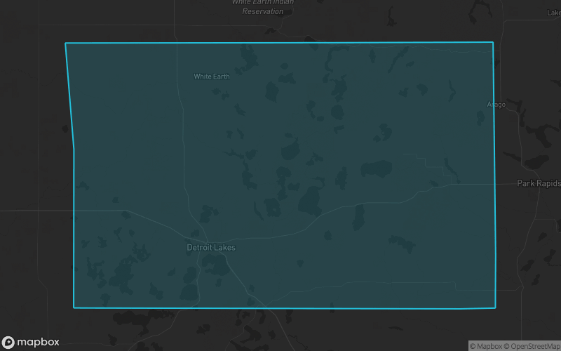 Map of Becker County, Minnesota showing the county boundary and surrounding cities
