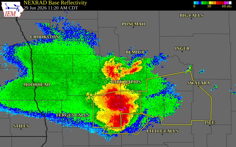 NEXRAD radar during the Monday, June 29, 2026 storm activity in Becker County, Minnesota