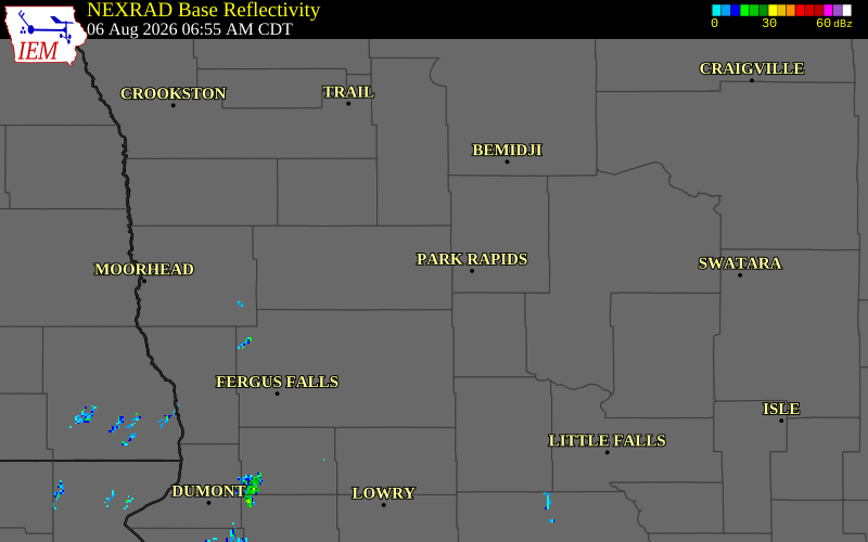 NEXRAD radar during the Thursday, August 6, 2026 storm activity in Becker County, Minnesota